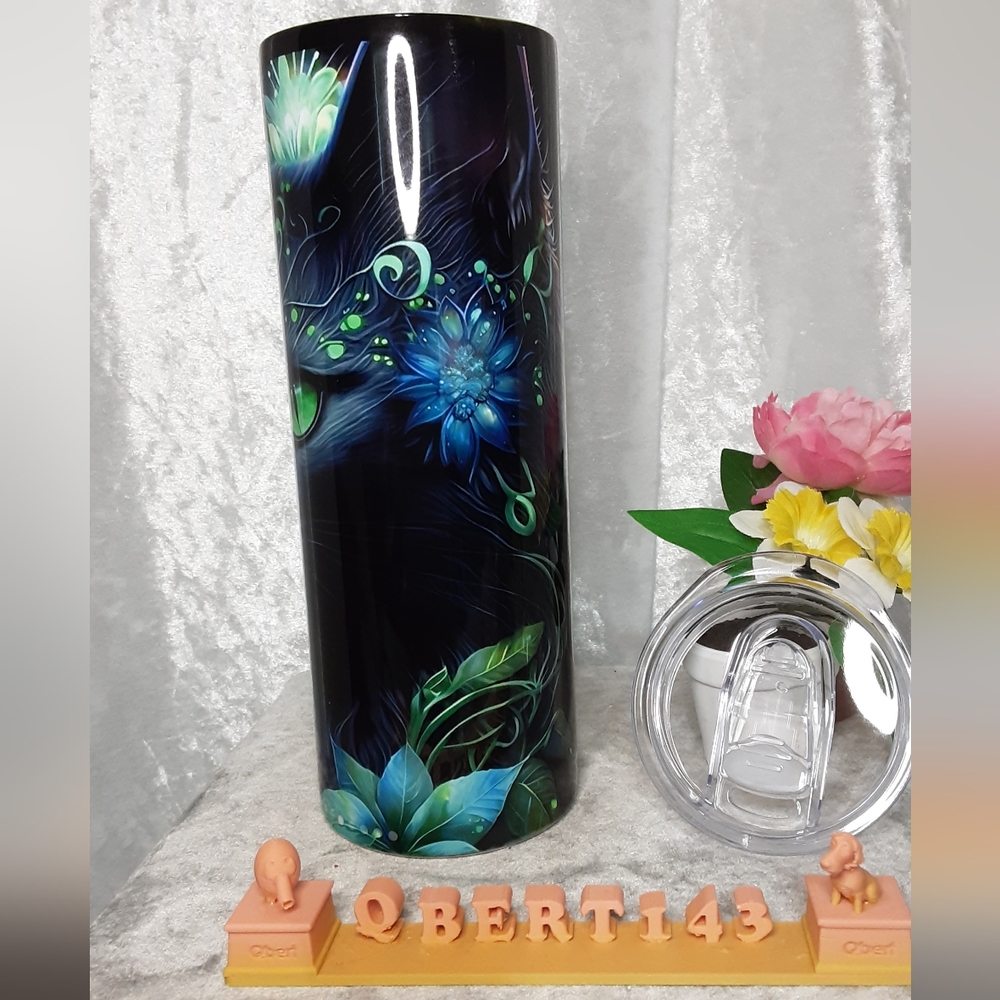 Handmade Black Cat Thermal Tumbler 20 oz Black Teal Blue - Picture 3 of 5